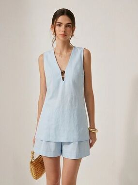 Commense Beaded Linen Blend Top & Shorts Set